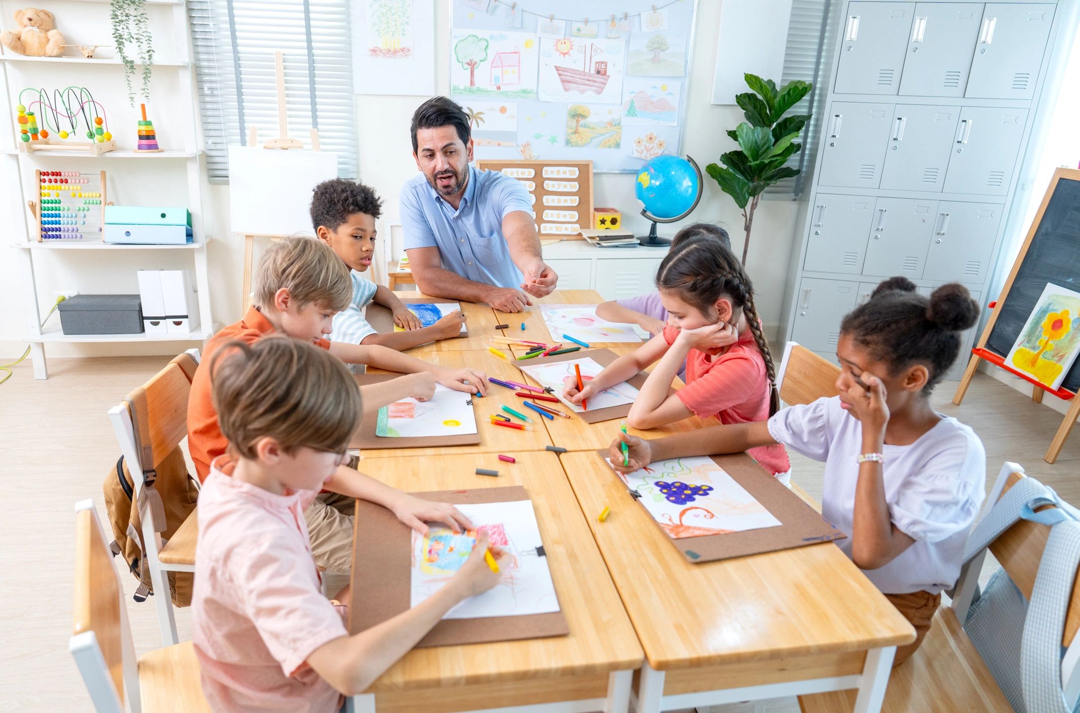 Children learning together in a Montessori-style classroom